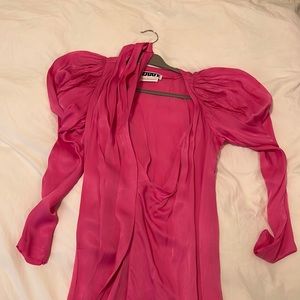 Pink silk long dress with long sleeves and waist tie